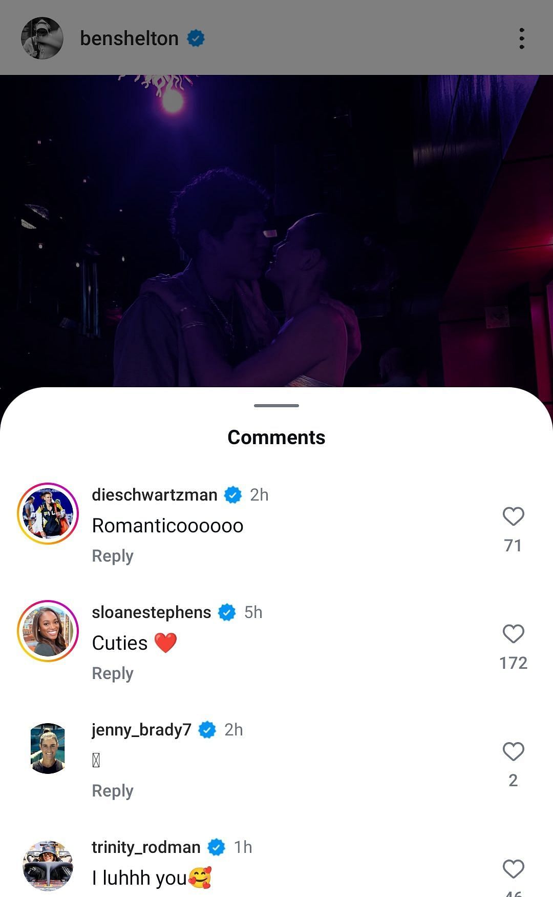Diego Schwartzman, Sloane Stephens, Jennifer Brady and Trinity Rodman's reactions to Ben Shelton's Instagram post on Rodman's 23rd birthday (Source: Instagram/benshelton)